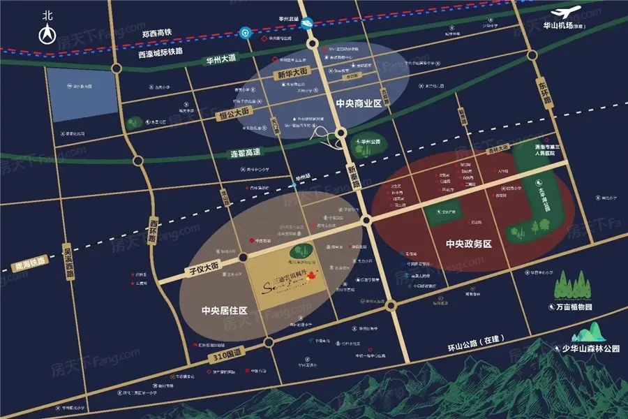 项目信息:渭南三迪云顶枫丹位于华州子仪大街与新秦路十字向西,周边有