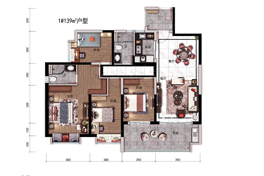 户型图:1#139㎡户型