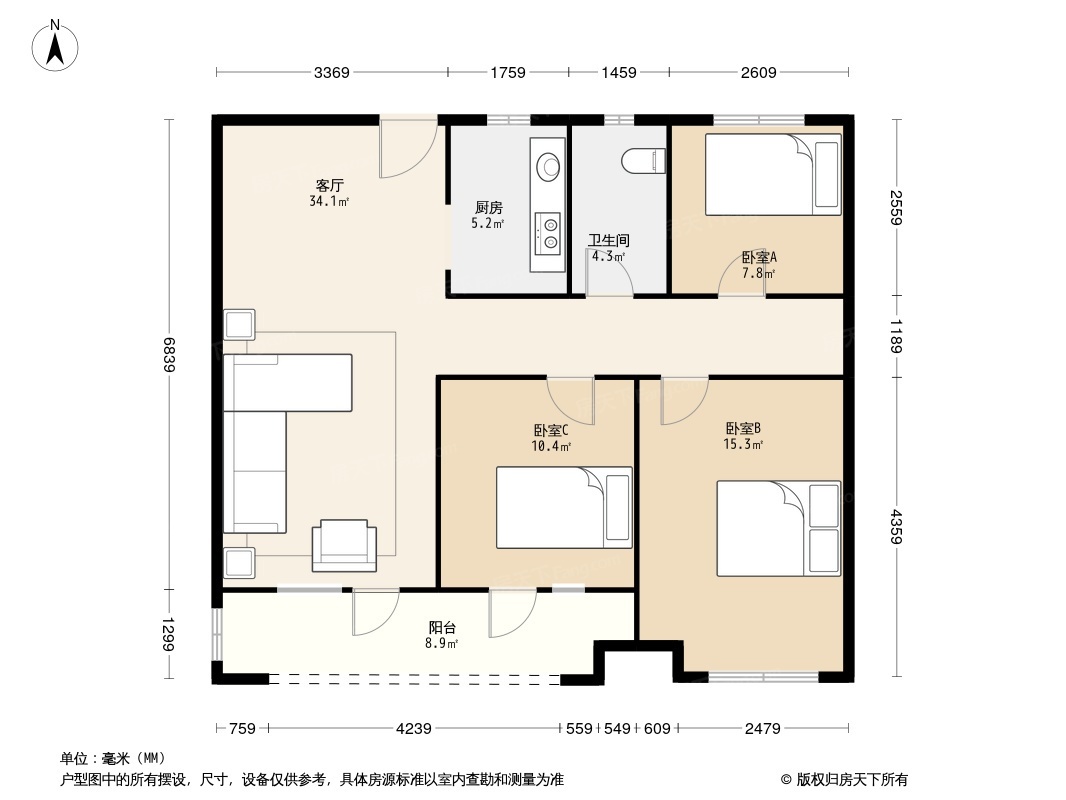 江岸塔子湖融创融公馆103平方米 3室2厅1卫