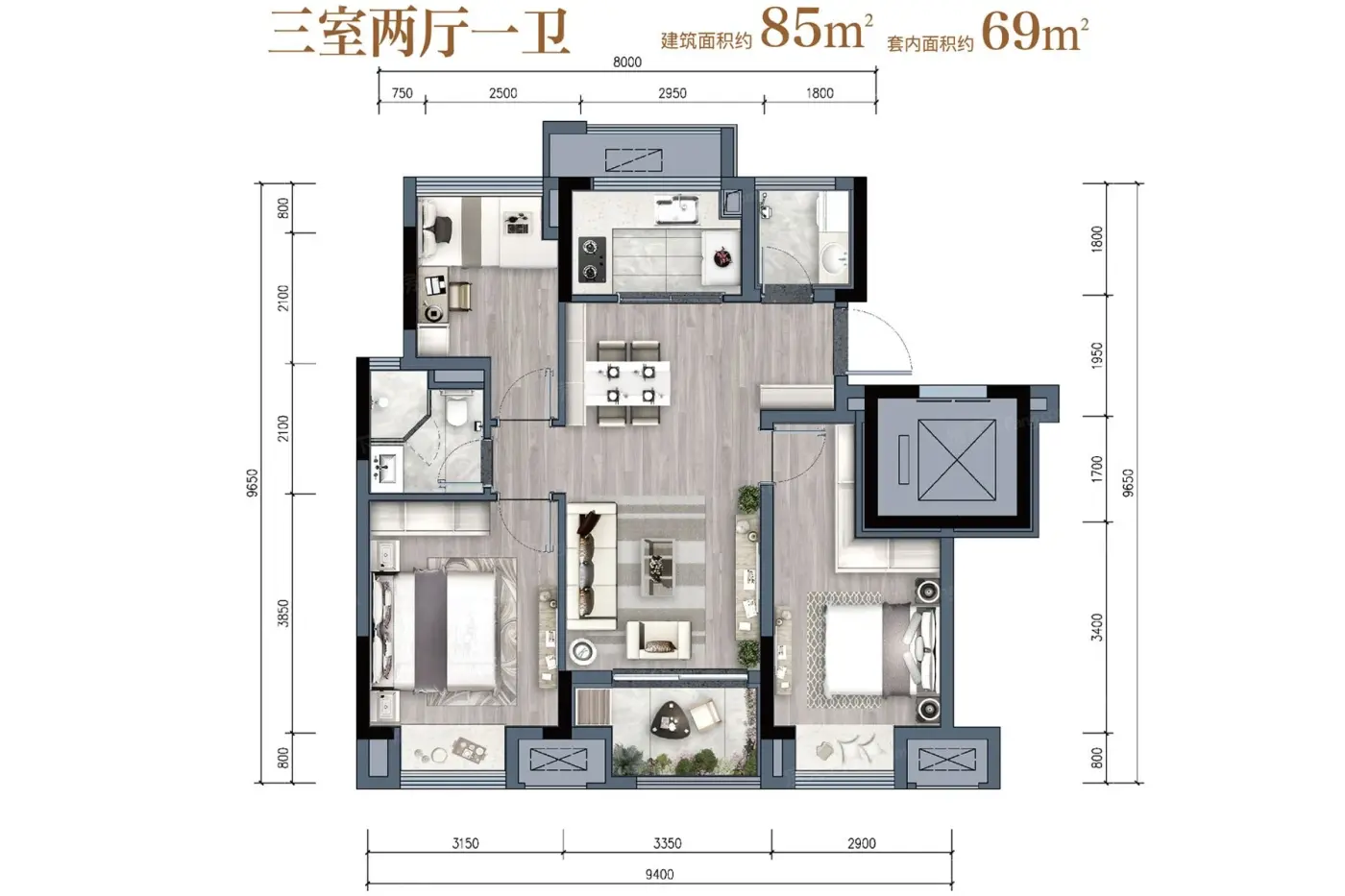 建面101-108平户型均为三室两厅两卫设计,只是横厅和竖厅的区别,对于