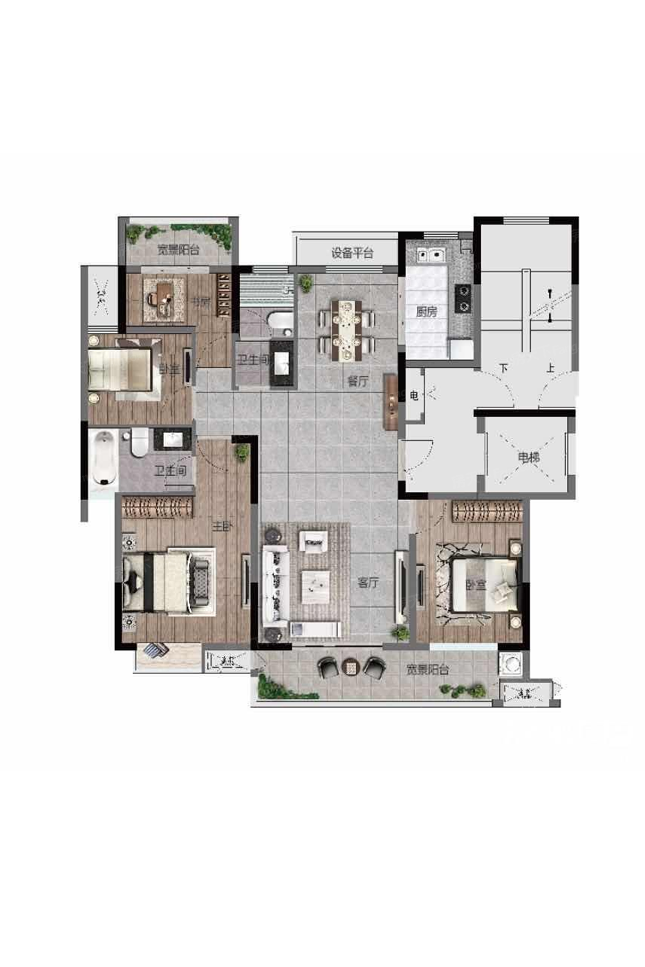 户型解析:整体户型方正,活动区域开阔,居住舒适度高;整个空间全明