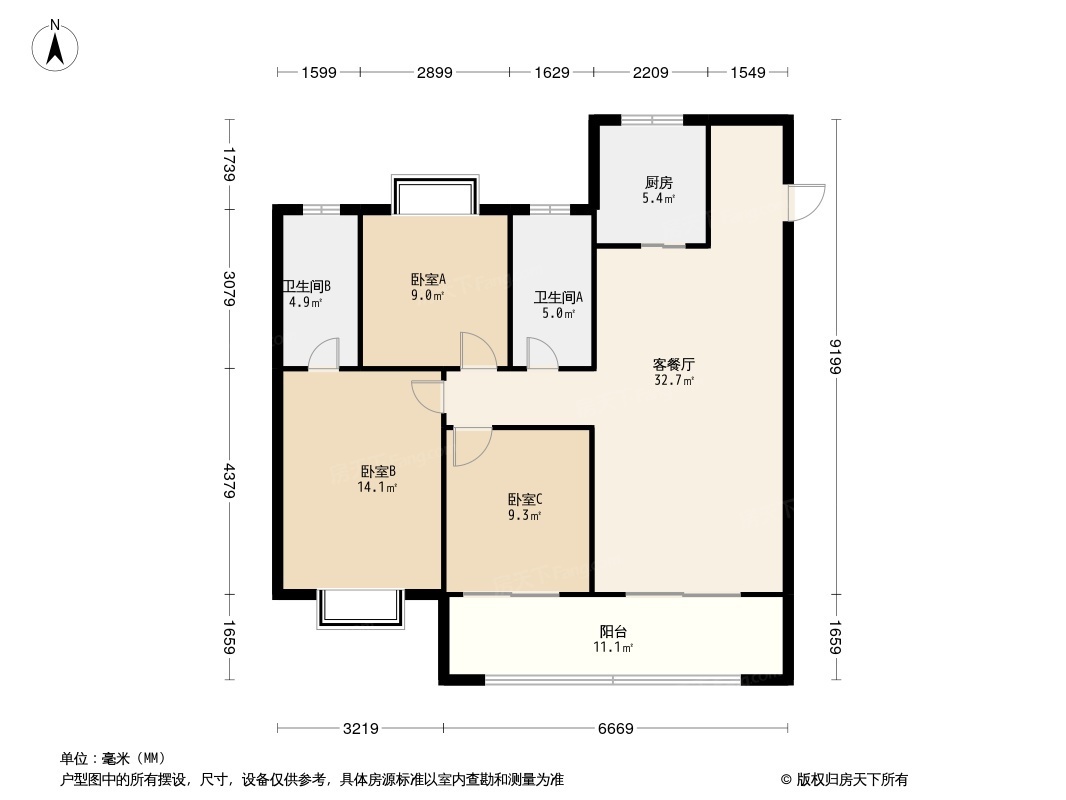 00平方米      户型举例:绿地光谷星河绘3居室户型图(查