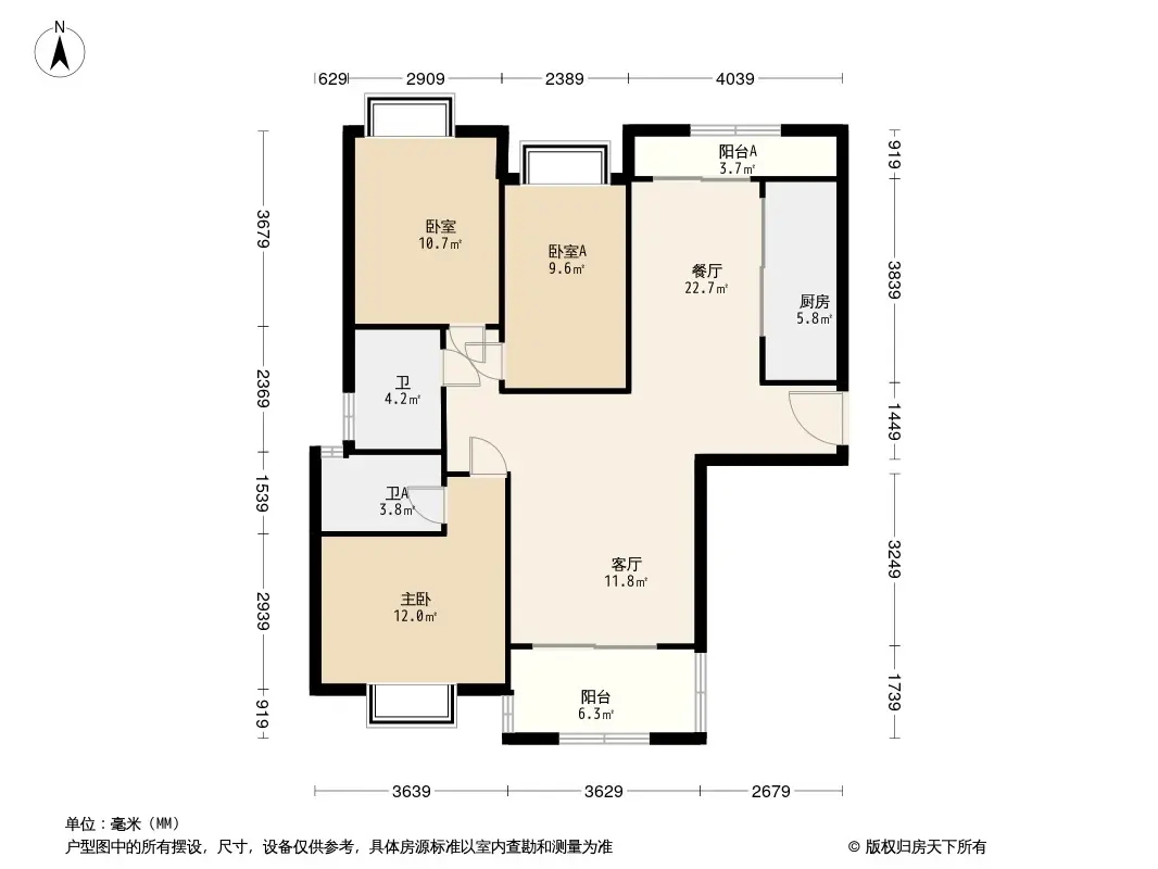 54平方米户型举例:合生帝景城3居室户型图(查看该楼盘更多户型)