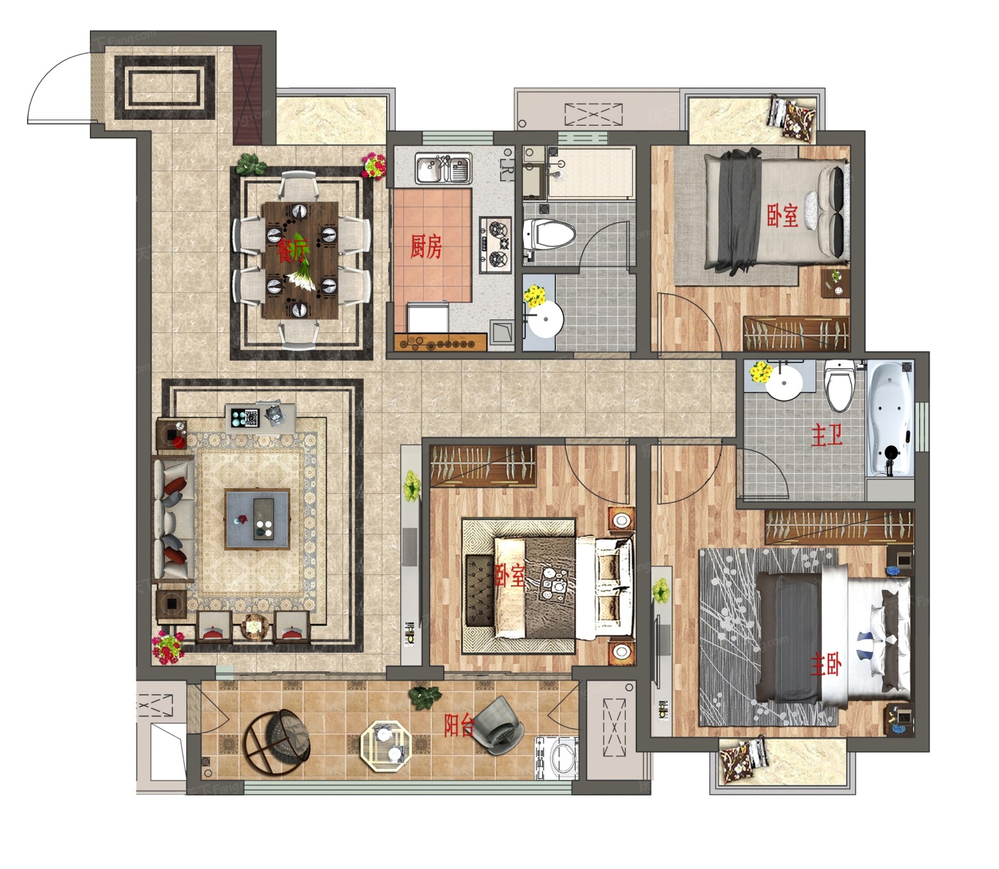 户型图:B户型建面约115㎡三房两厅两卫