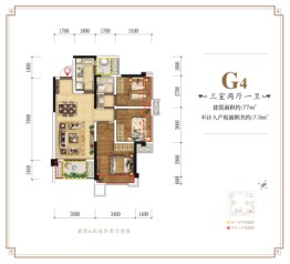 明信城3室2厅1厨1卫建面77.00㎡