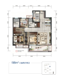 绿地衡阳城际空间站3室2厅1厨2卫建面98.00㎡