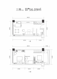 欧亚达云栖3室2厅1厨1卫建面56.09㎡