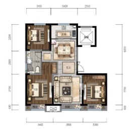 中国铁建西派唐颂二期·观源3室2厅1厨1卫建面108.00㎡