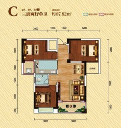 洲河新兰岸3室2厅1厨1卫建面87.82㎡