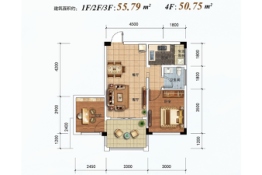 仙山丽景2室2厅1厨1卫建面50.75㎡