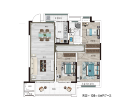 涡阳禹洲名邦·状元府3室2厅1厨1卫建面108.00㎡