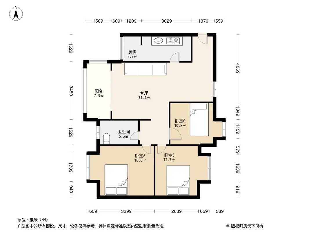 上东一号一期3居室户型图