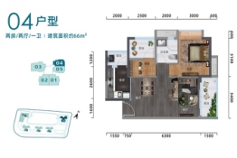 越秀 滨江·品悦2室2厅1厨1卫建面67.00㎡