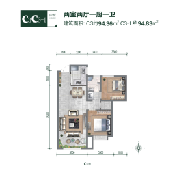 恒昌首府2室2厅1厨1卫建面94.36㎡