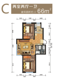 满融首府2室2厅1厨1卫建面66.00㎡