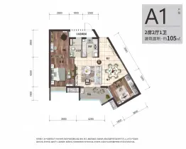 海口华润中心a1户型图2室2厅1卫1厨 建面105㎡