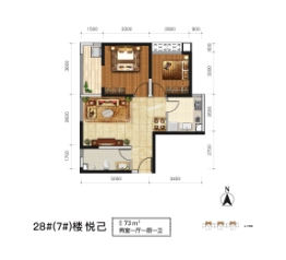 东御三号2室1厅1厨1卫建面73.00㎡