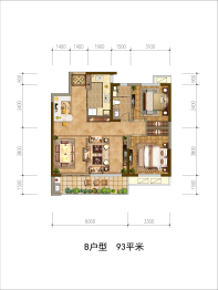 绿地新都会2室2厅1厨1卫建面93.00㎡