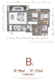 中粮天府智慧城3室2厅1厨2卫建面91.00㎡