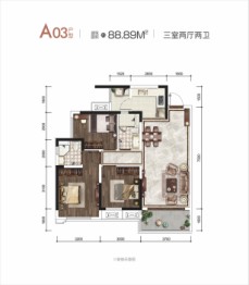 海伦堡三千樾3室2厅1厨2卫建面88.89㎡