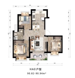 海玥瀜庭3室2厅1厨1卫建面90.82㎡