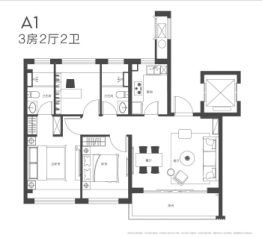 保利锦上a1户型3室2厅2卫1厨 建面91㎡