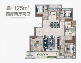 中海九樾4室2厅1厨2卫建面125.00㎡