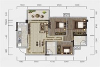 A4户型， 3室2厅2卫1厨， 建筑面积约91.00平米