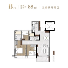 保利西悦湾3室2厅1厨2卫建面88.00㎡