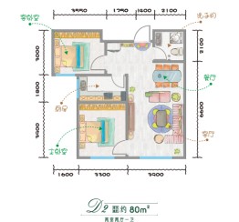 蓝天·芳草地2室1厅1厨1卫建面80.00㎡