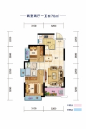 南宁空港恒大养生谷2室2厅1厨1卫建面70.00㎡