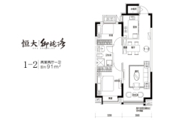 沈阳恒大时代锦城2室2厅1厨1卫建面91.00㎡