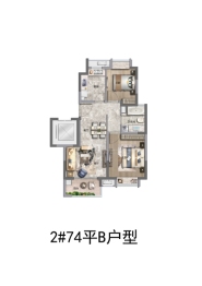 上善水樾2室2厅1厨1卫建面74.00㎡