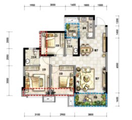 棠湖泊悦西江3室2厅1厨2卫建面90.00㎡