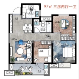 绿地香港理想城3室2厅1厨1卫建面97.00㎡