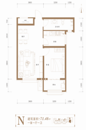 东方汉唐1室1厅1厨1卫建面71.48㎡