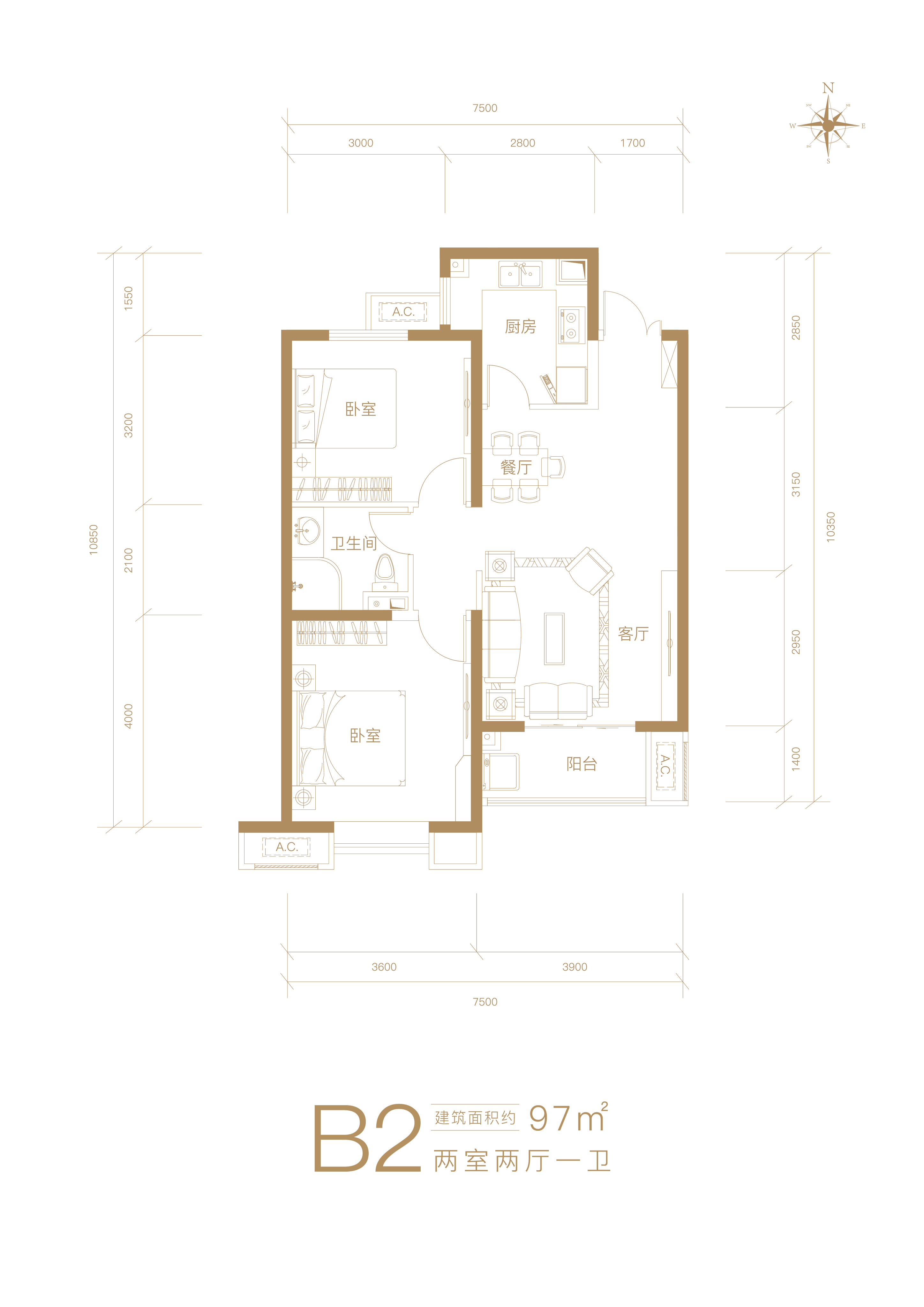 千禧·花香四季2室2厅1厨1卫建面97.00㎡