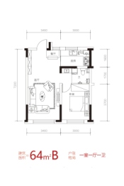 中邑尚都城1室1厅1厨1卫建面64.00㎡