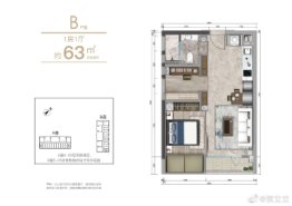 招商前海领尚公馆1室1厅1厨1卫建面63.00㎡
