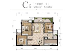 金科棠悦府3室2厅1厨1卫建面91.55㎡