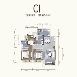 润扬·观澜鹭岛III3室2厅1厨2卫建面98.00㎡