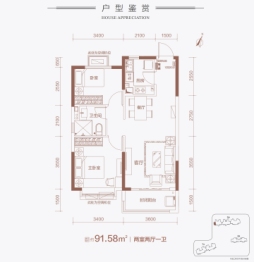 吕梁恒大御府2室2厅1厨1卫建面91.58㎡