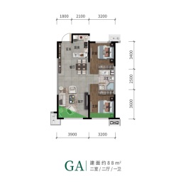 永同昌·沈阳翡翠府2室2厅1厨1卫建面88.00㎡