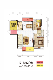 凯旋城3室2厅1厨2卫建面109.00㎡