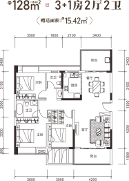 云天公园府3室2厅2厨1卫建面128.00㎡