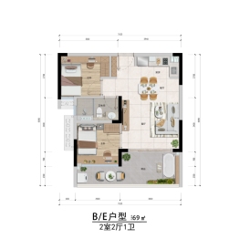 百盈御泉湾2室2厅1厨1卫建面69.00㎡