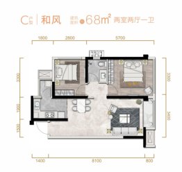 德颐悦森和璟2室2厅1厨1卫建面68.00㎡