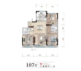 万隆伟业京学府3室2厅1厨1卫建面107.00㎡