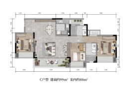 融创云翠3室2厅1厨2卫建面99.00㎡