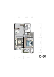 金钰名筑1室2厅1厨1卫建面60.00㎡